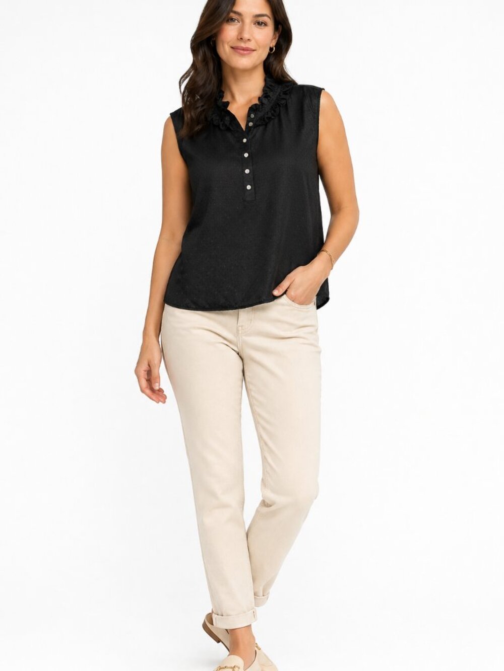 Tommy Hilfiger Popover Blouse Size XXL Black on Black Swiss Dot Ruffled Neck
